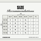 Size recommendation chart: suggested size by height in centimetres and body weight in kilograms
