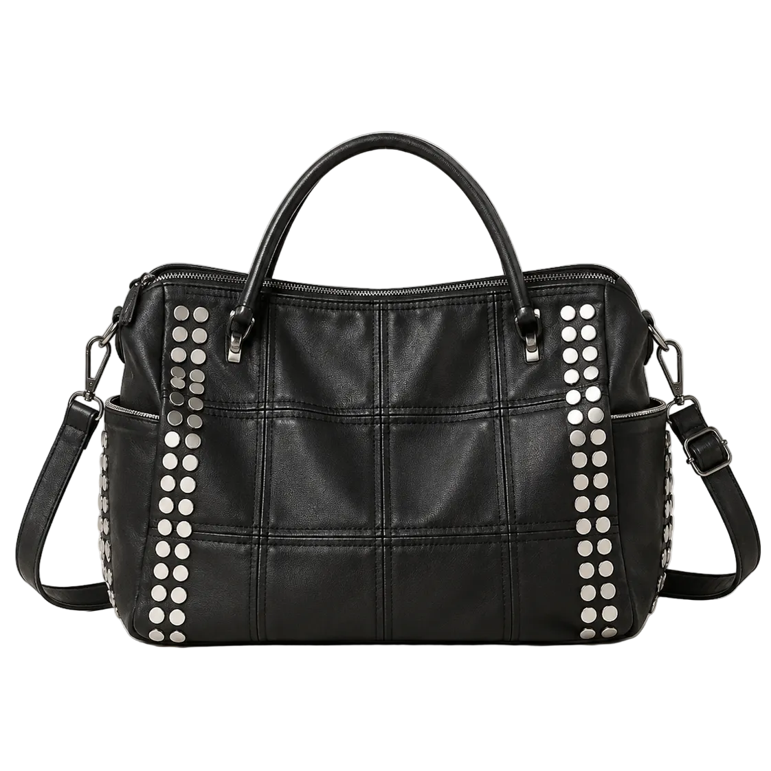 EYE Archive Astra Bag in black, studded faux leather pillow bag, front view