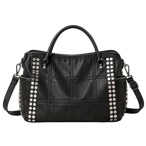 EYE Archive Astra Bag in black, studded faux leather pillow bag, front view