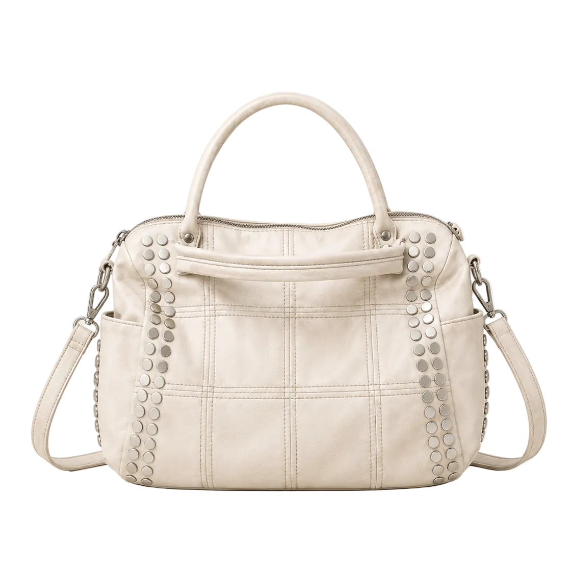 EYE Archive Astra Bag in cream, studded faux leather pillow bag, front view