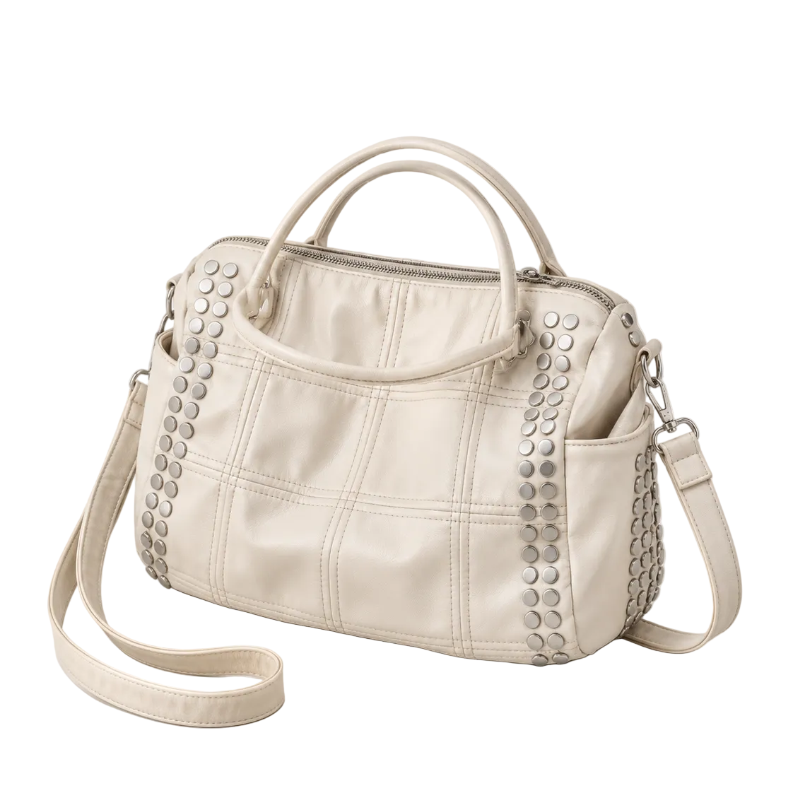 EYE Archive Astra Bag in cream, three-quarter view with detachable crossbody strap
