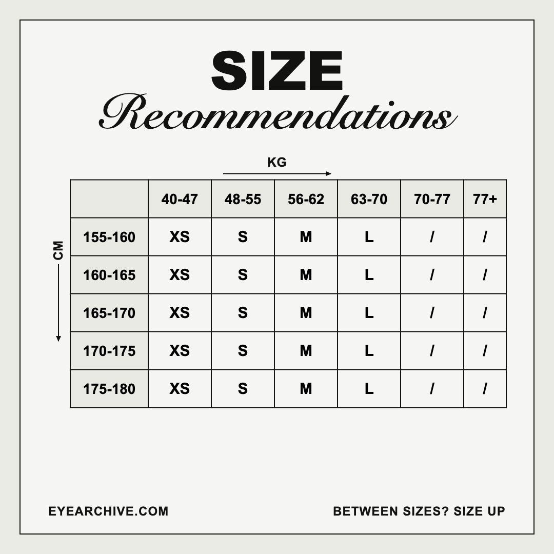Size recommendation chart: suggested size by height in centimetres and body weight in kilograms