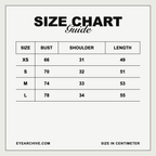 Size chart: bust, shoulder width and length in centimetres for sizes XS to L