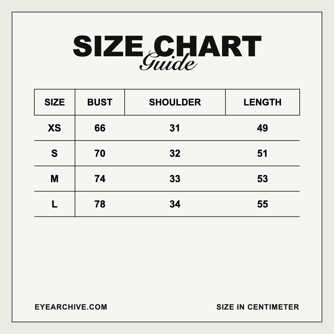Size chart: bust, shoulder width and length in centimetres for sizes XS to L