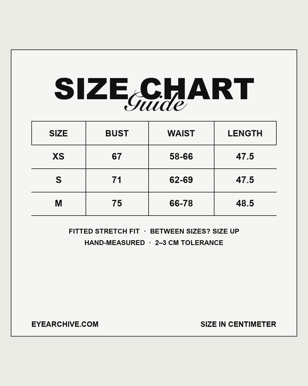 EYE Archive Racer Tank size chart in centimetres for XS, S and M