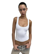 EYE Archive Racer Tank, square-neck racer-back tank top, white, styled with low-rise denim