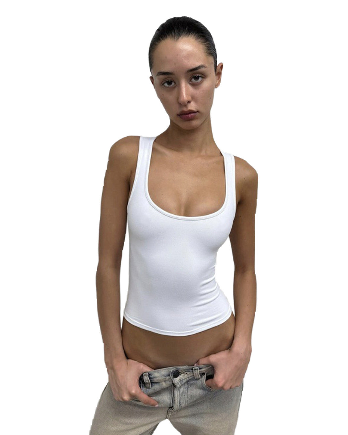 EYE Archive Racer Tank, square-neck racer-back tank top, white, styled with low-rise denim