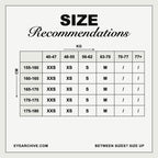 Size recommendation chart: suggested size by height in centimetres and body weight in kilograms