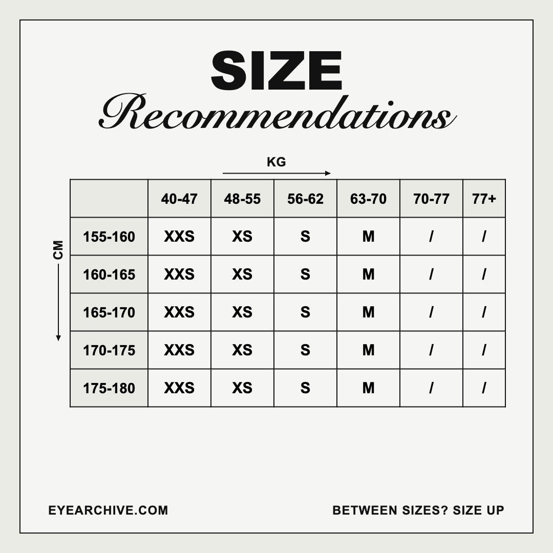 Size recommendation chart: suggested size by height in centimetres and body weight in kilograms