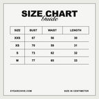 Size chart: bust, waist and length in centimetres for sizes XXS to M