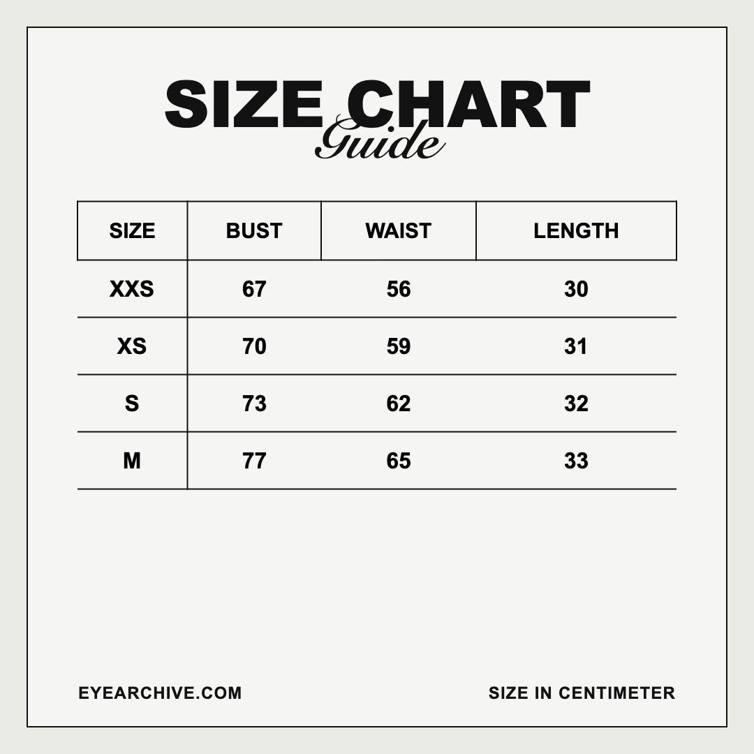 Size chart: bust, waist and length in centimetres for sizes XXS to M