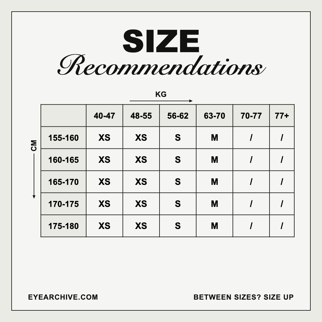 Size recommendation chart: suggested size by height in centimetres and body weight in kilograms