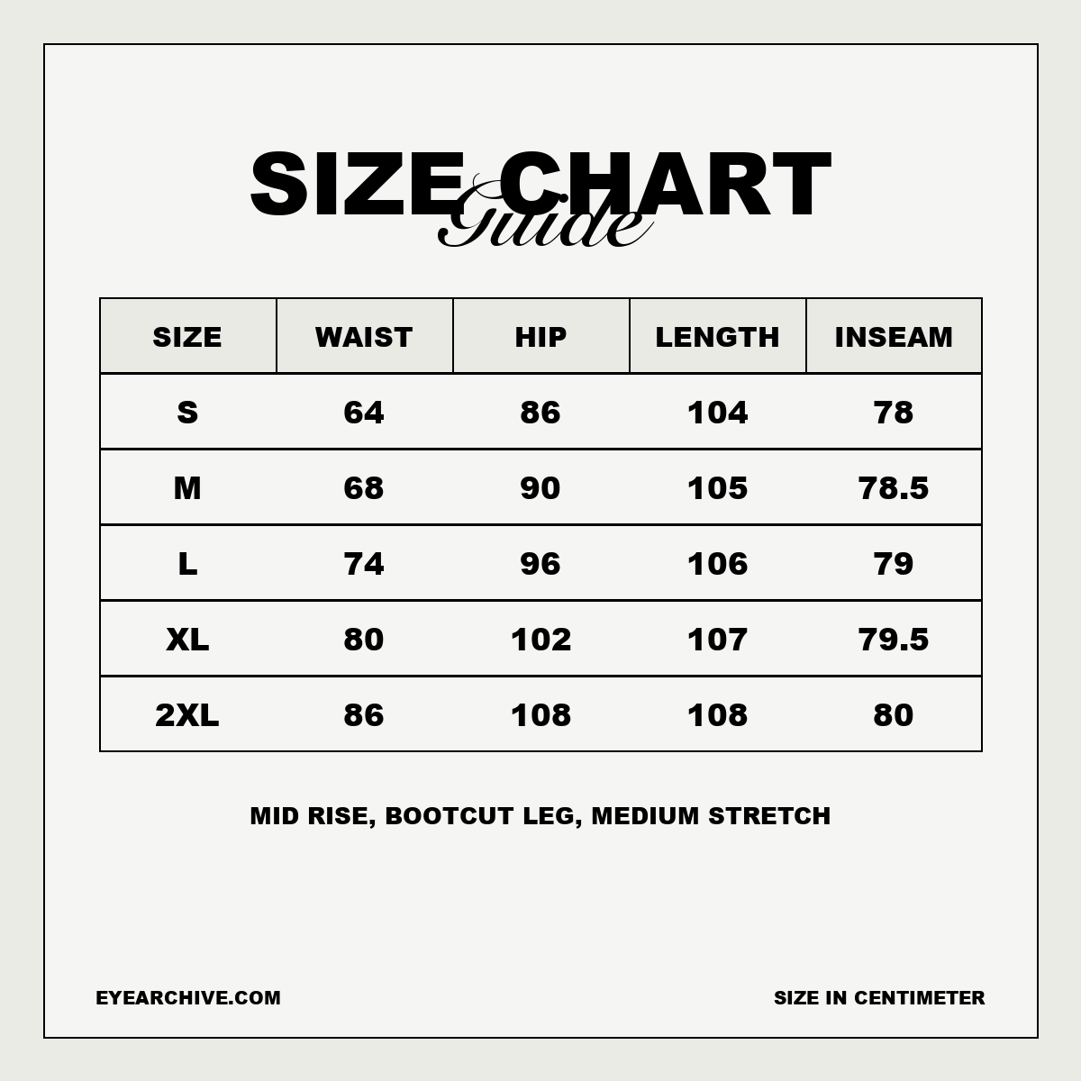 Wing Bootcut Jeans size chart