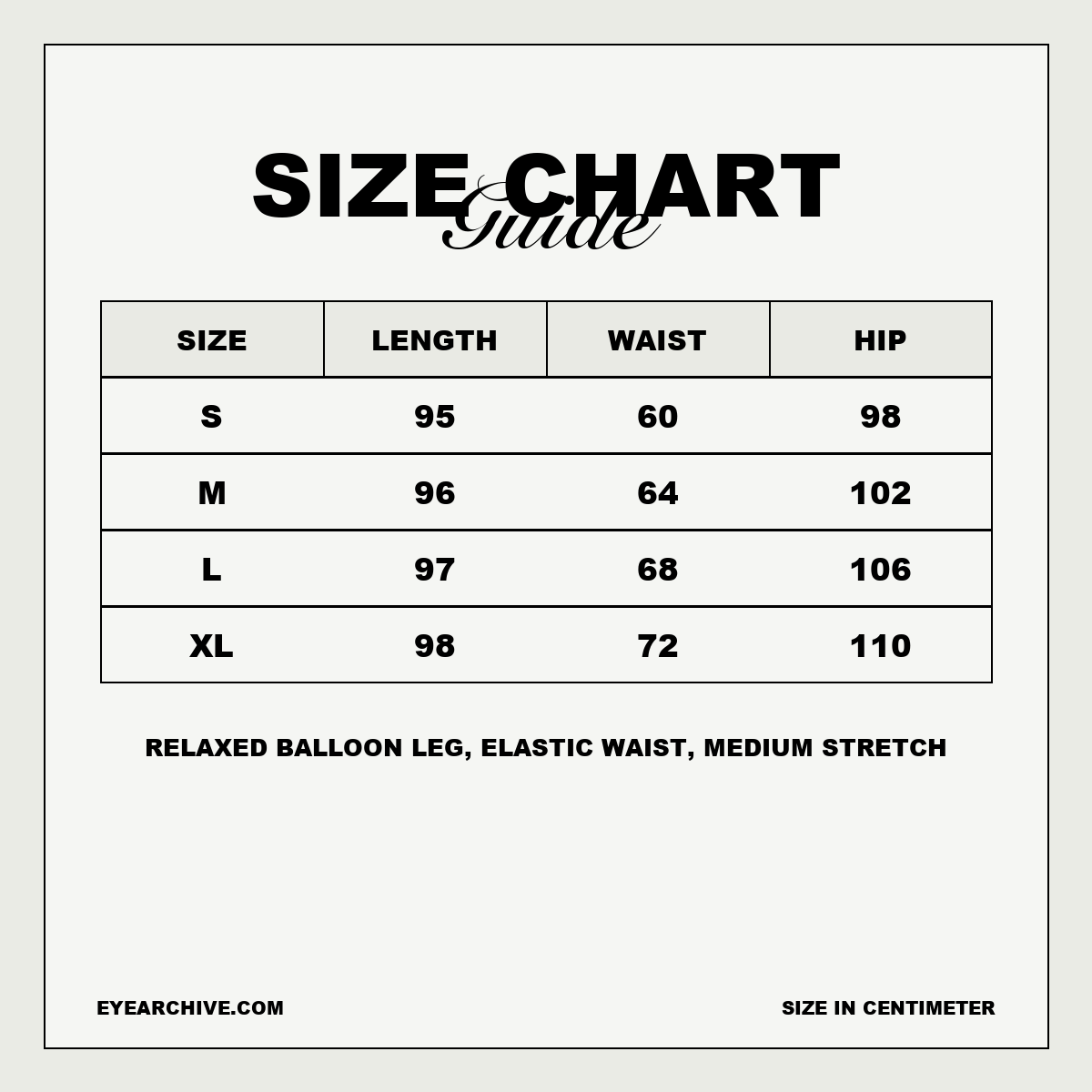 Mila Sweatpants size chart