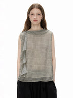 Front view of the CHUWU STUDIO Cascade Top in cream micro-check, showing the draped cowl neckline and the ruffle falling down one side
