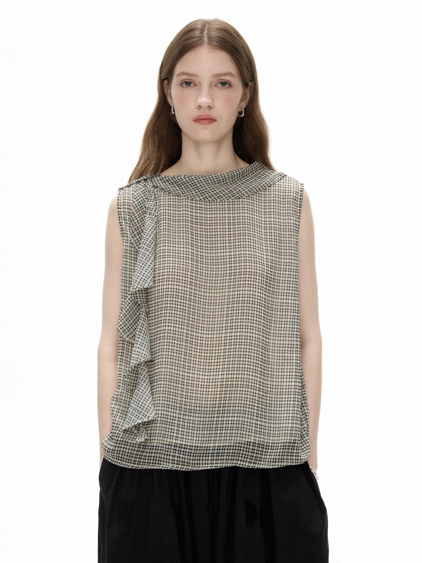 Front view of the CHUWU STUDIO Cascade Top in cream micro-check, showing the draped cowl neckline and the ruffle falling down one side