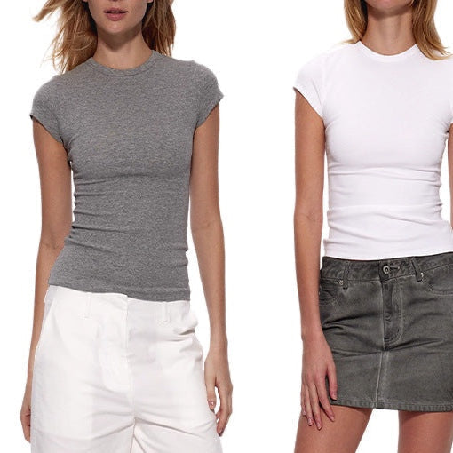 The Essential Tee shown in black, grey and white on three models