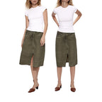 The white Essential Tee worn with an olive midi skirt