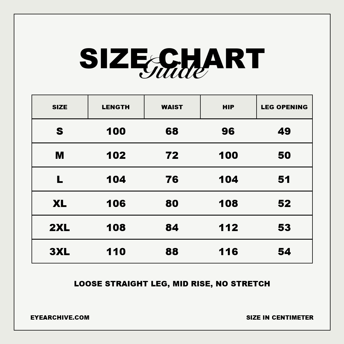 Vera Jeans size chart