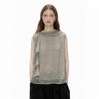 Front view of the CHUWU STUDIO Cascade Top in cream micro-check, showing the draped cowl neckline and the ruffle falling down one side