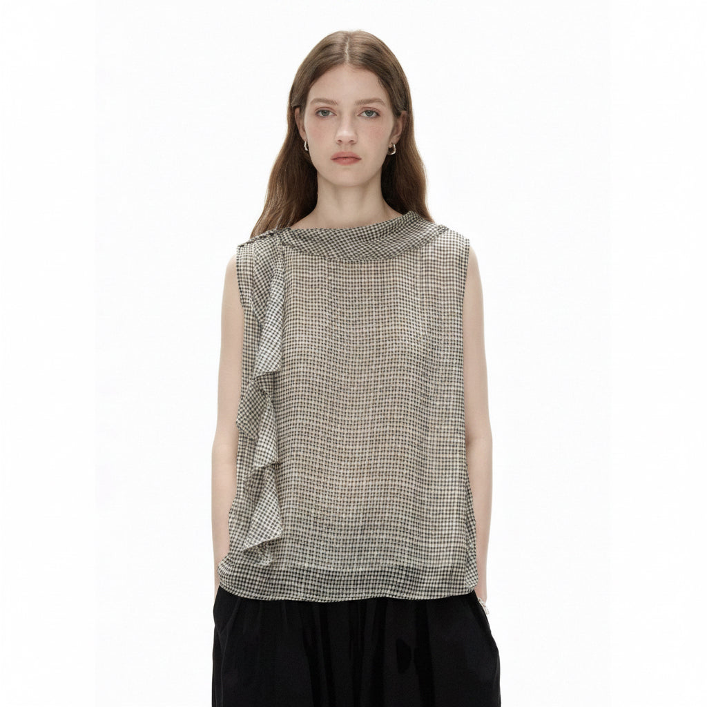 Front view of the CHUWU STUDIO Cascade Top in cream micro-check, showing the draped cowl neckline and the ruffle falling down one side